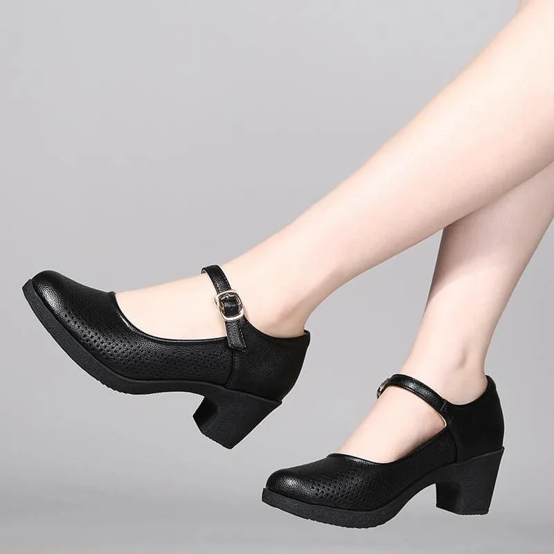 Breathable Buckle Openwork Leather Women Summer Shoes