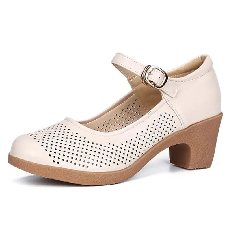 Breathable Buckle Openwork Leather Women Summer Shoes