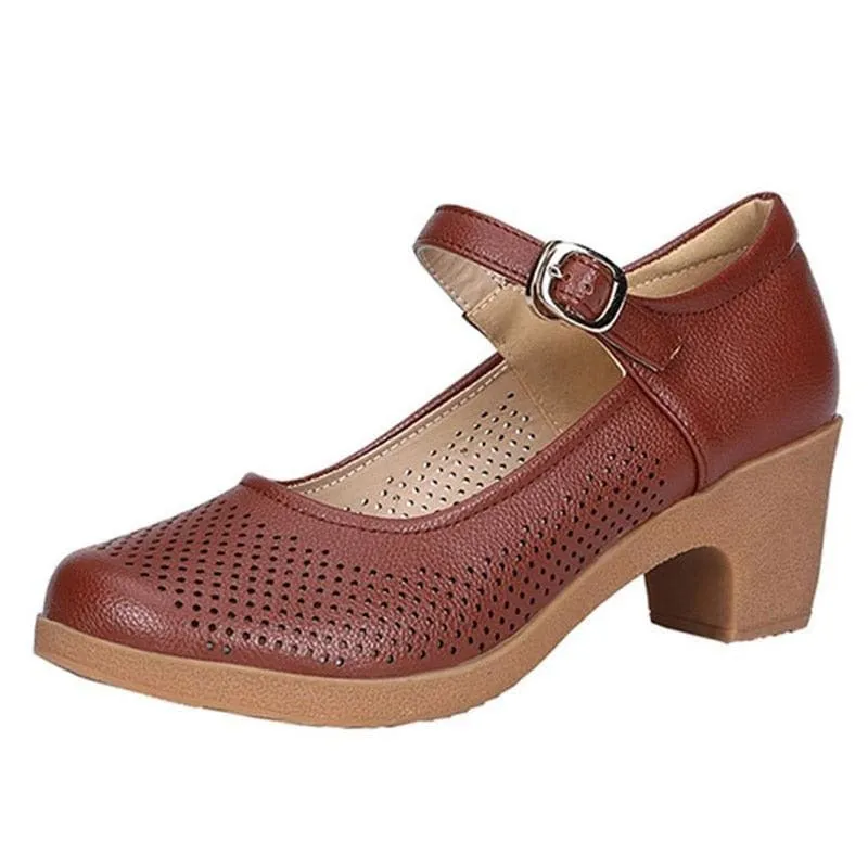 Breathable Buckle Openwork Leather Women Summer Shoes