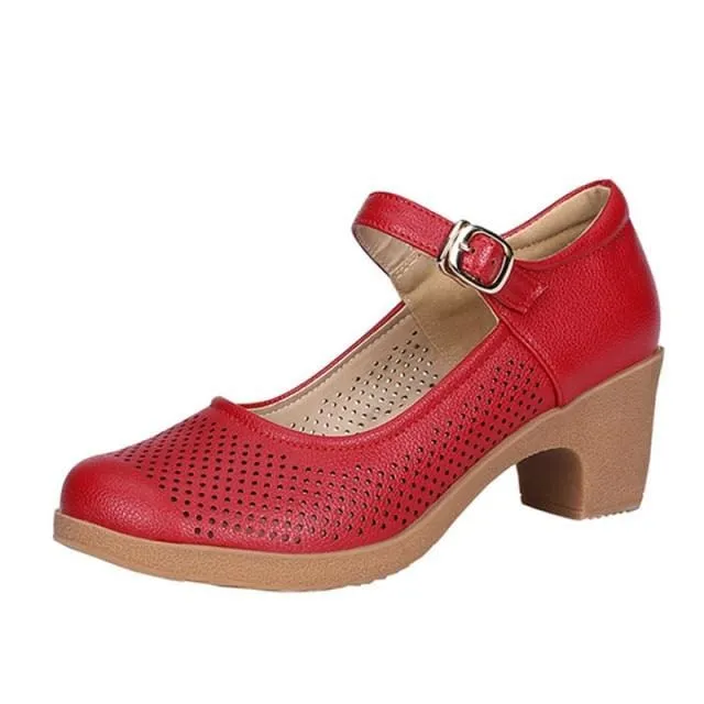 Breathable Buckle Openwork Leather Women Summer Shoes