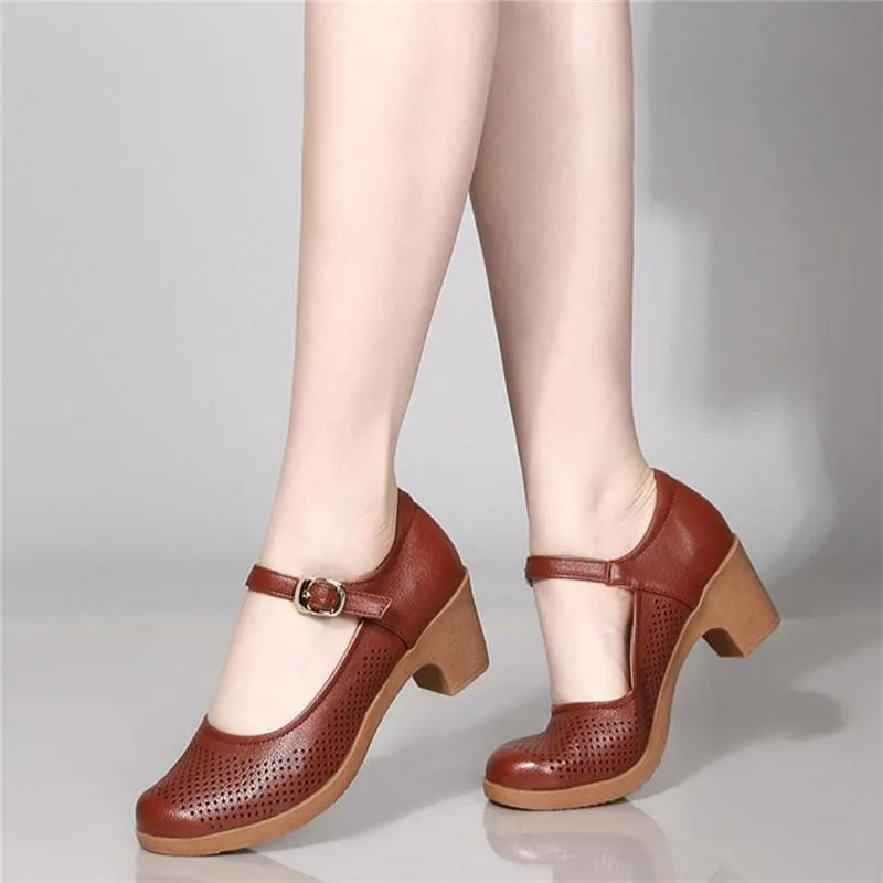 Breathable Buckle Openwork Leather Women Summer Shoes