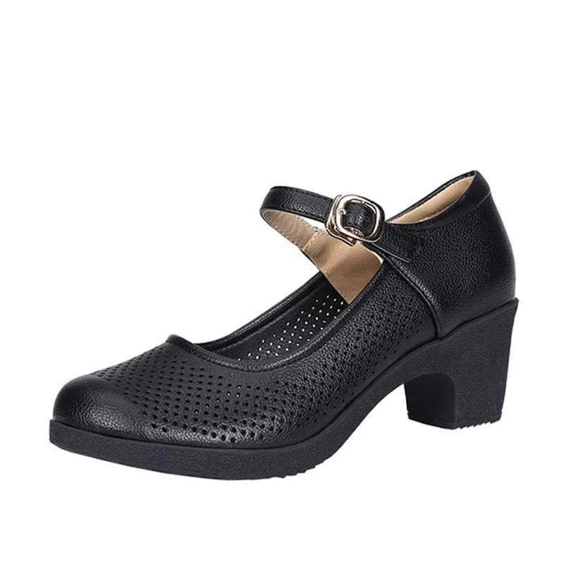 Breathable Buckle Openwork Leather Women Summer Shoes