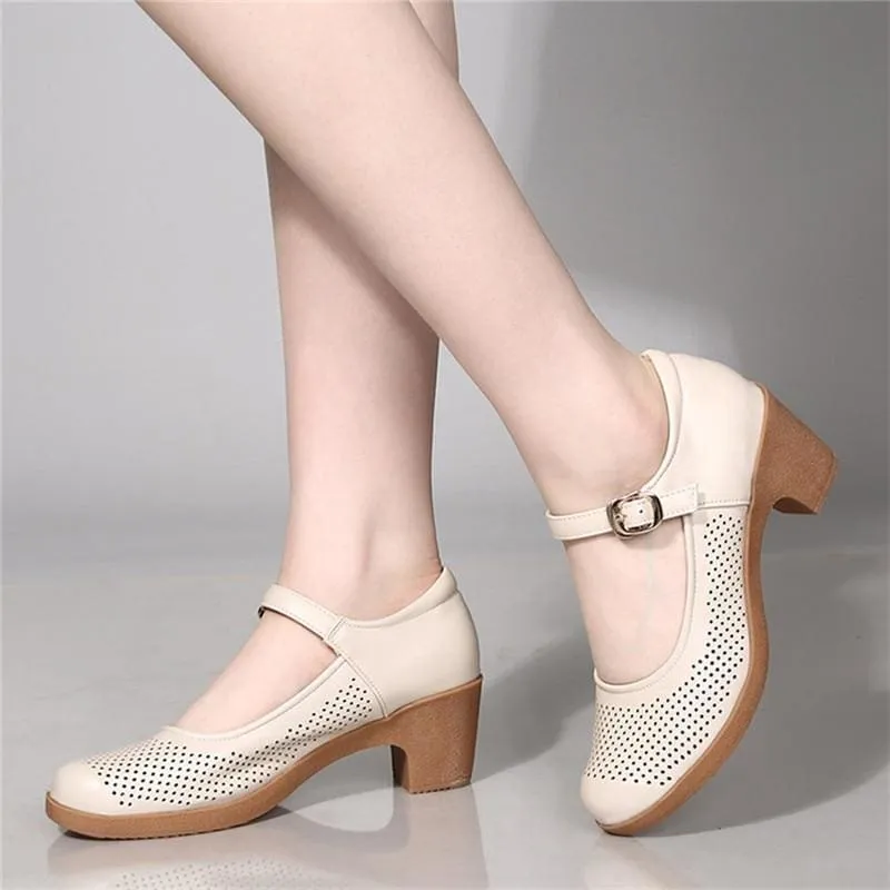 Breathable Buckle Openwork Leather Women Summer Shoes