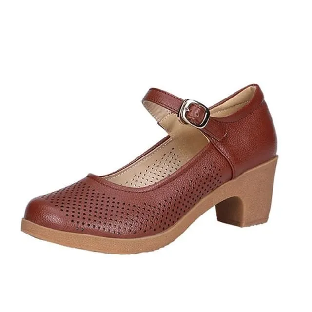 Breathable Buckle Openwork Leather Women Summer Shoes