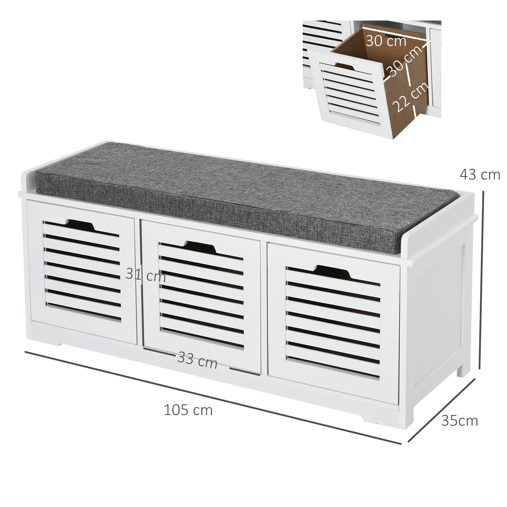 MDF Entryway 3-Drawer Shoe Bench White/Grey