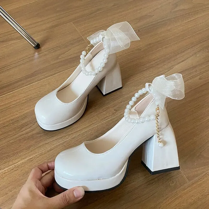 Mesh Bow Pearl Chunky Heels