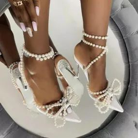 Pearl Bow Ankle Strap Heel