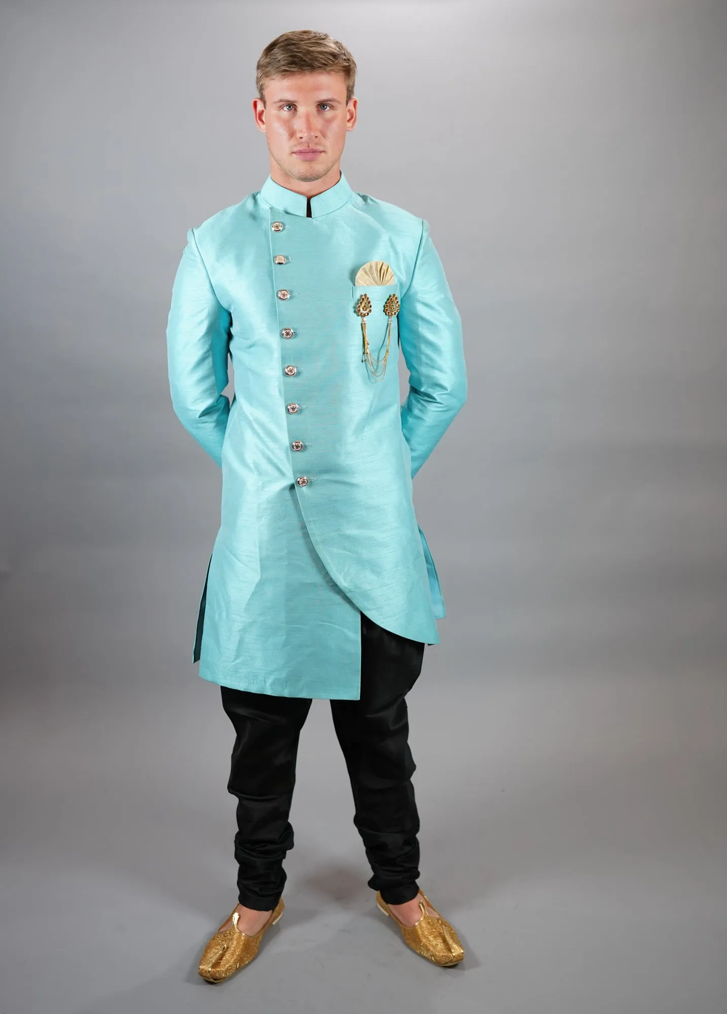 Silk Asymmetric Electric Blue Long Sherwani / Jacket