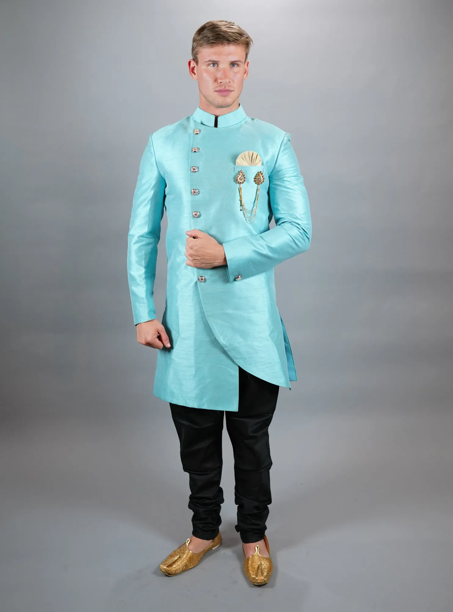 Silk Asymmetric Electric Blue Long Sherwani / Jacket