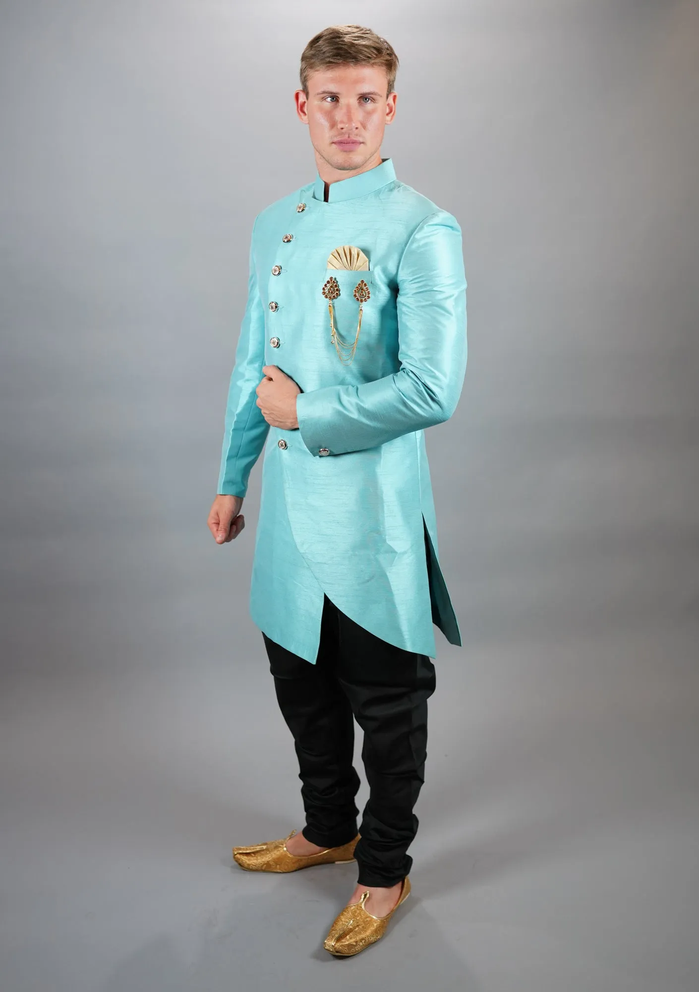 Silk Asymmetric Electric Blue Long Sherwani / Jacket