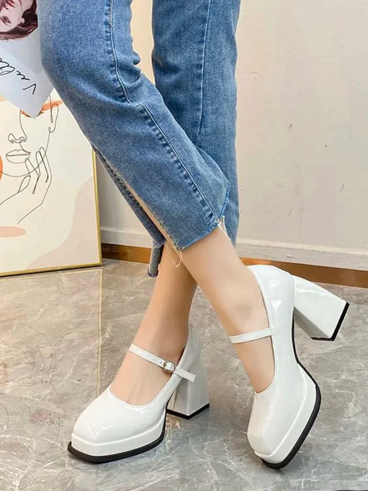 Sohiwoo Summer New Solid Color Simple High Heels Versatile Thick Heels Comfortable Shopping Casual Mary Jane High Heels