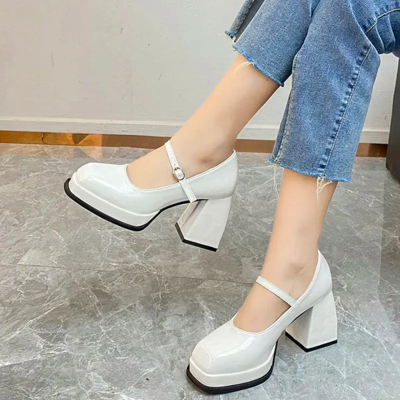 Sohiwoo Summer New Solid Color Simple High Heels Versatile Thick Heels Comfortable Shopping Casual Mary Jane High Heels