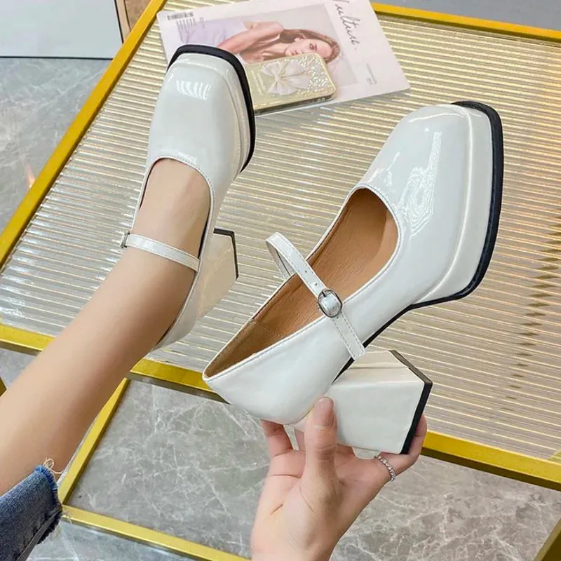 Sohiwoo Summer New Solid Color Simple High Heels Versatile Thick Heels Comfortable Shopping Casual Mary Jane High Heels