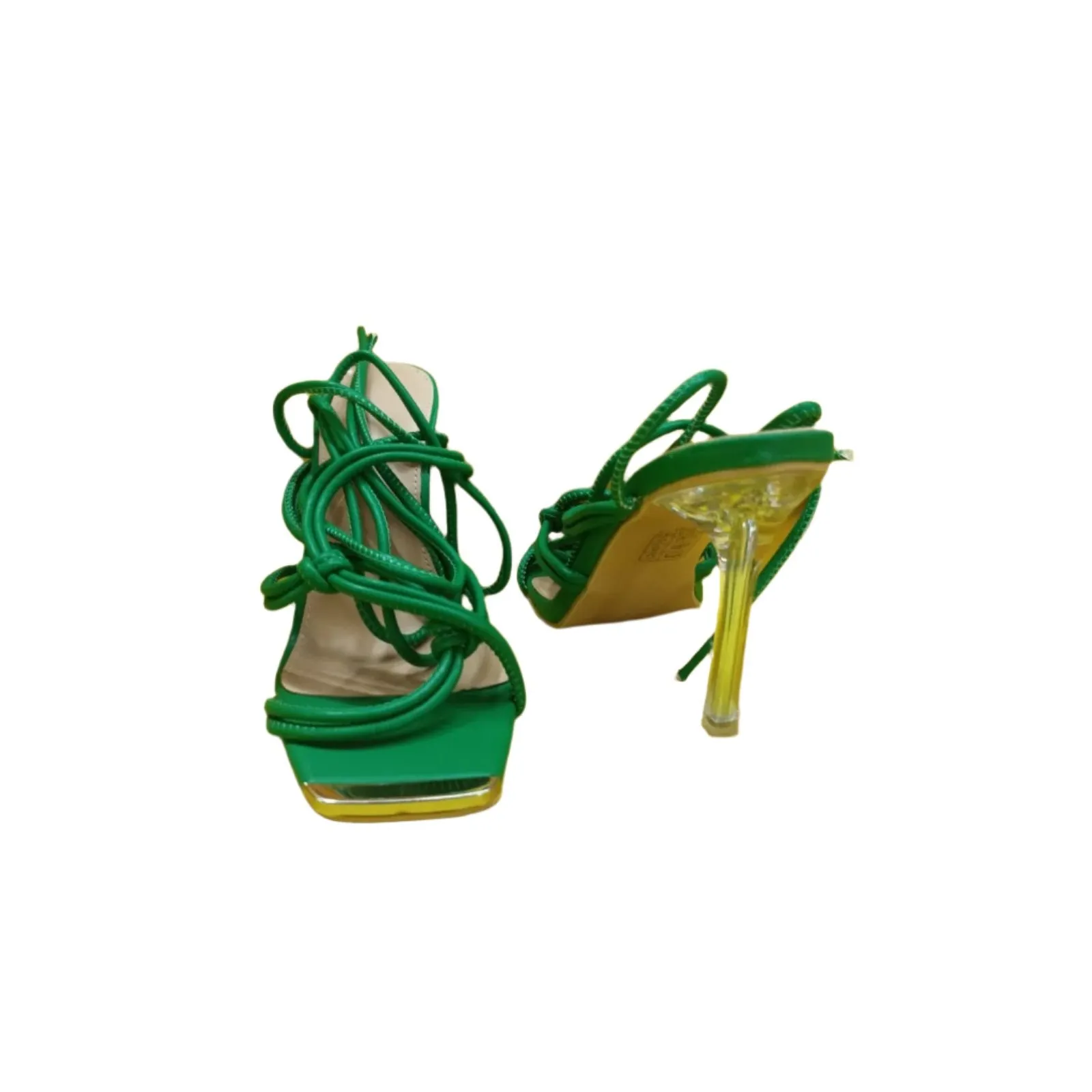 Square Toe Loop Cross Over Strappy High Heeled Mules.