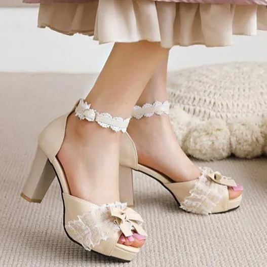 Women cute bowknot peep toe ankle strap chunky heels