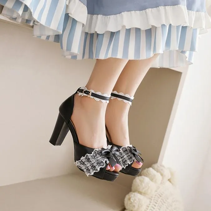 Women cute bowknot peep toe ankle strap chunky heels