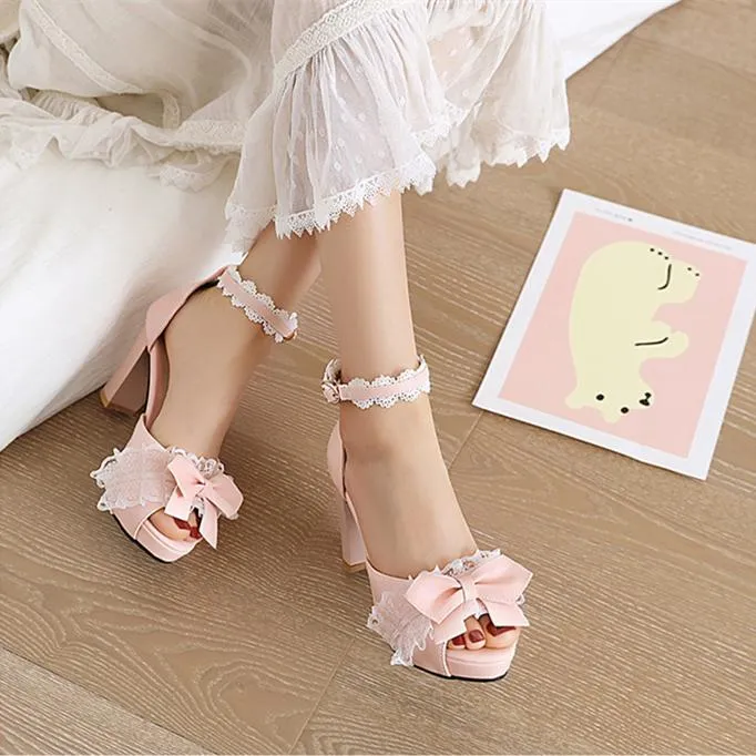 Women cute bowknot peep toe ankle strap chunky heels