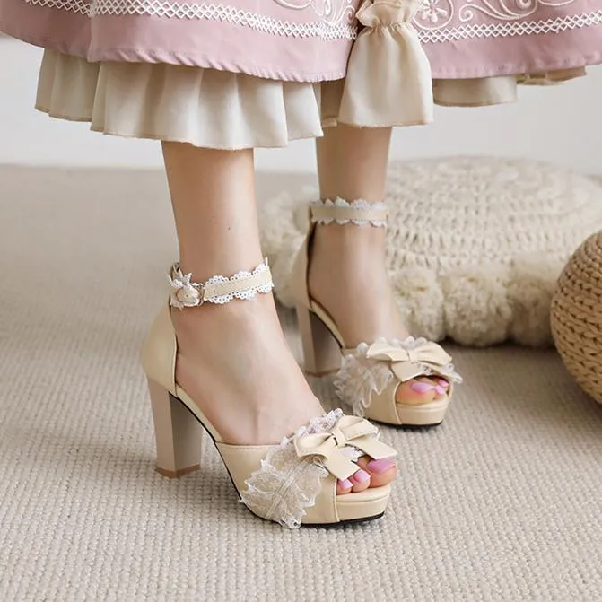 Women cute bowknot peep toe ankle strap chunky heels