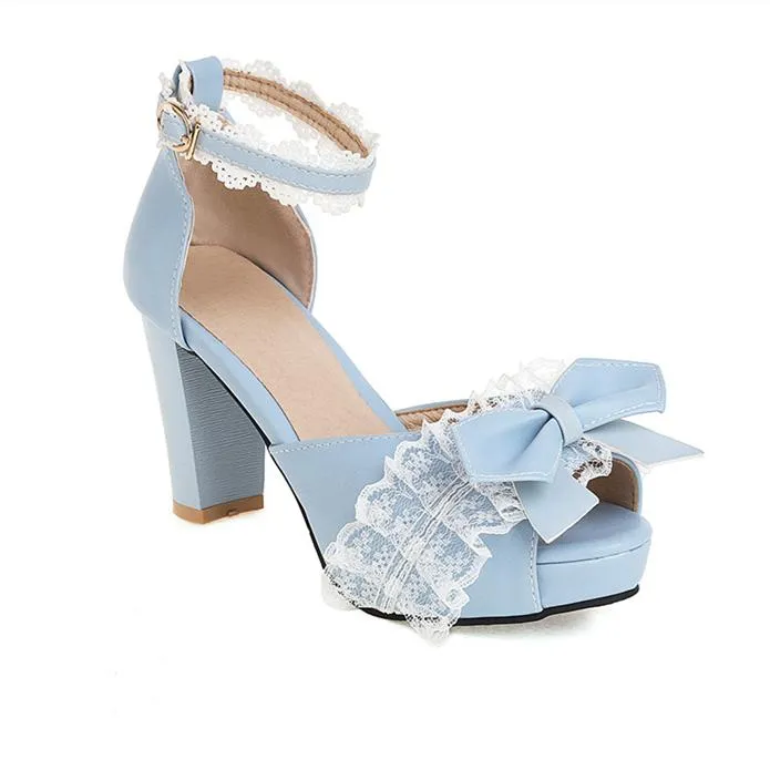 Women cute bowknot peep toe ankle strap chunky heels