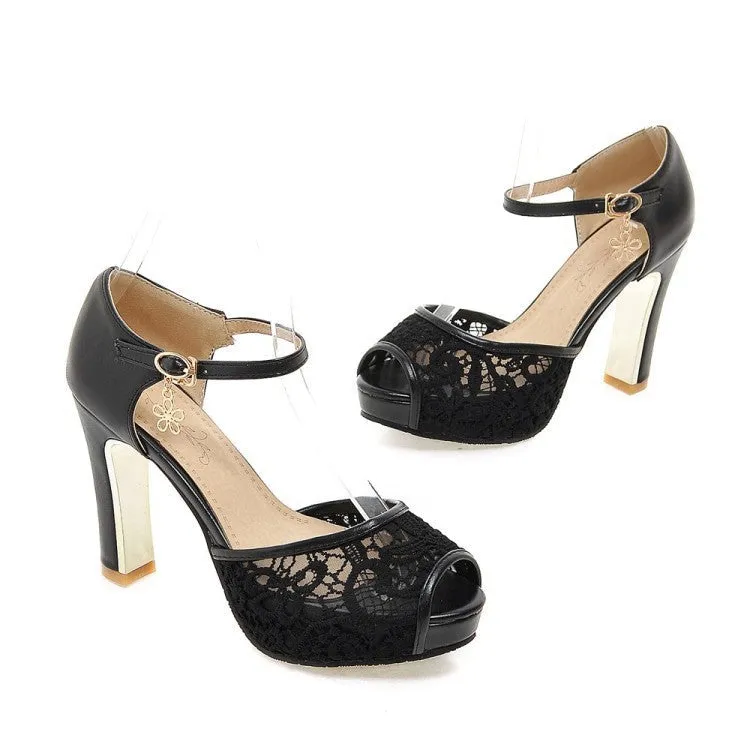 Women lace flower peep toe side hollow buckle strap chunky heels