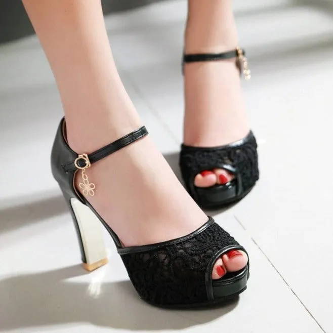 Women lace flower peep toe side hollow buckle strap chunky heels