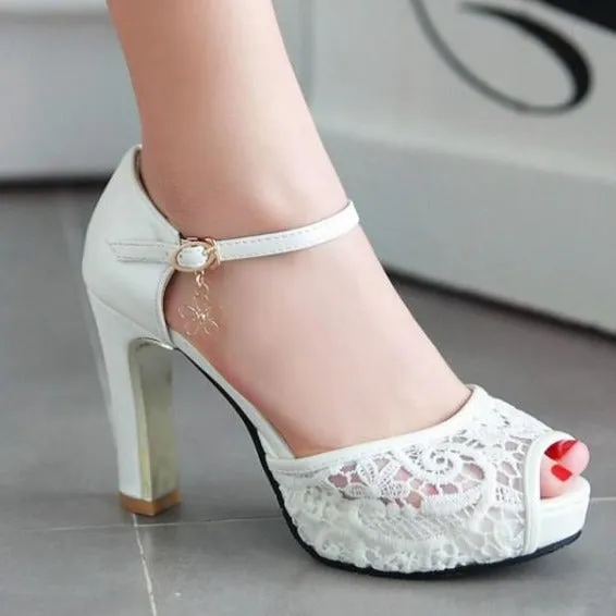 Women lace flower peep toe side hollow buckle strap chunky heels