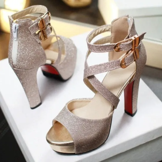 Women peep toe chunky criss cross buckle strap platform heels