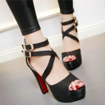 Women peep toe chunky criss cross buckle strap platform heels