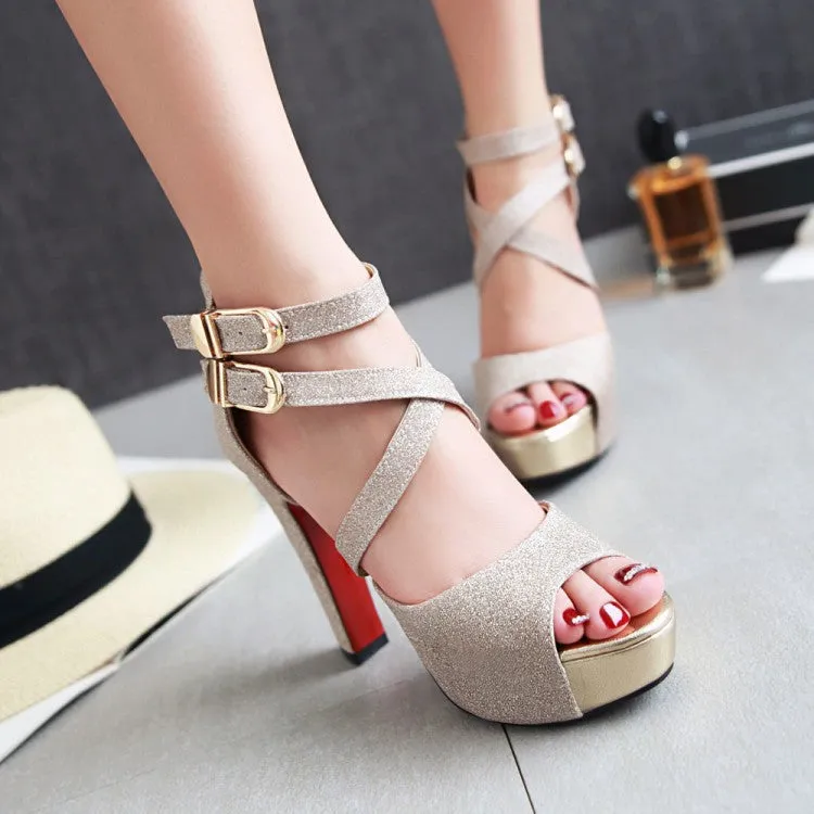 Women peep toe chunky criss cross buckle strap platform heels