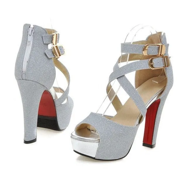 Women peep toe chunky criss cross buckle strap platform heels