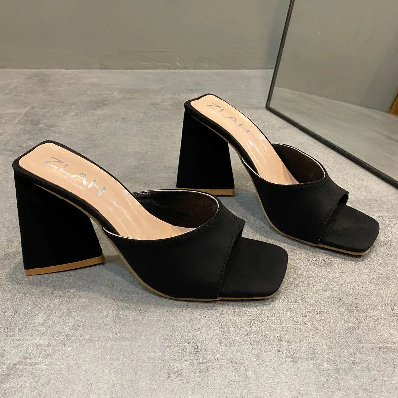 Women square peep toe slide triangle chunky heels